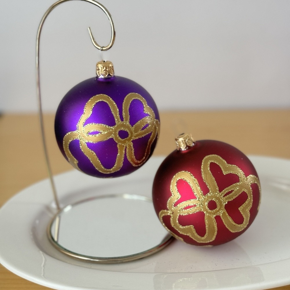 Vtg Purple Pink Glass Christmas‎ Ornament Metallic Gold Painted Bows Lot 2